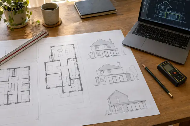 Architectural plans and elevations on a desk with a scale ruler and laser measure
