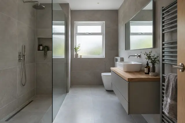 Modern bathroom with walk-in shower, grey porcelain tiles and wall-hung vanity